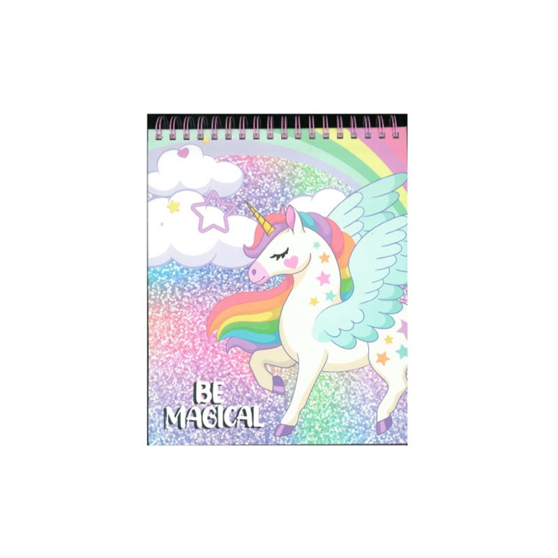 Sketchbook Con Spirale Tri-Coastal UNICORNO Album Appunti Disegno Fogli Bianchi Completo Di Penne Glitterate E Tanti Stickers